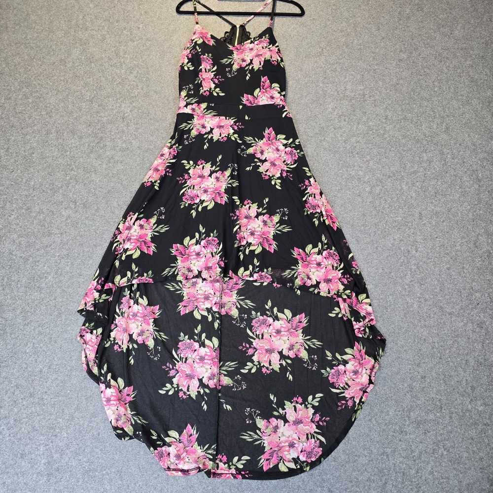 No Boundaries Maxi Dress Womens XL Black Pink Floral Lace Trim Hi Low Hem V Neck